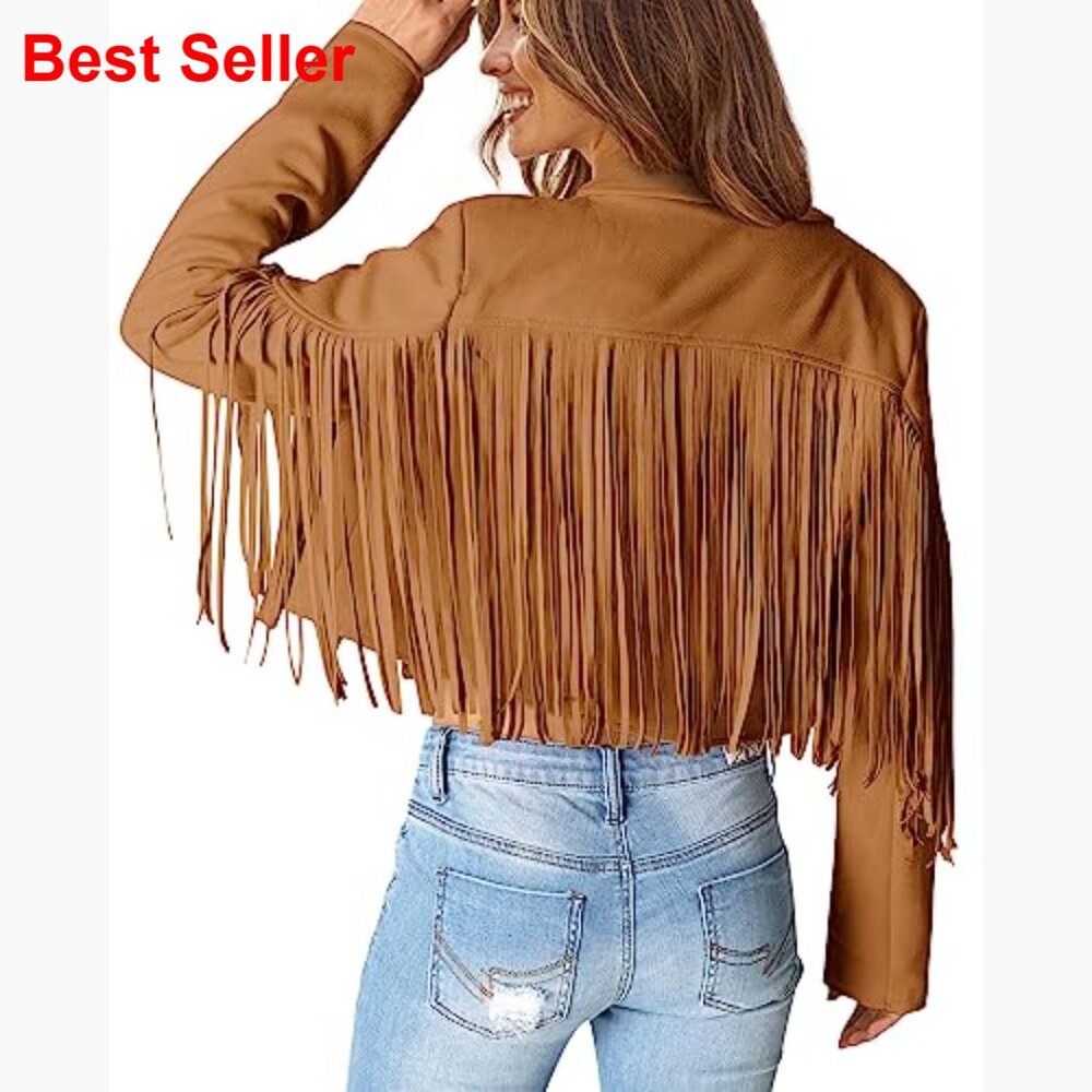 Faux Suede Fringe Cropped Jacket with Tassel Design - Picture 4 of 7